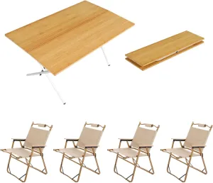 1 pcs Folding Table with 4 Chairs, 80cm L Portable Folding Camping Table, Folding Picnic Table Chairs for Indoor or Outdoor BBQ Use, Khaki
