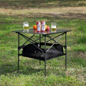 1-Piece Folding Outdoor Table with Carrying Bag, Lightweight Aluminum Roll-Up Square Table for Camping, Picnics, Beach, BBQ, Backyard, Patio – 27.56 x 27.56 x 27.56 Inches, Black
