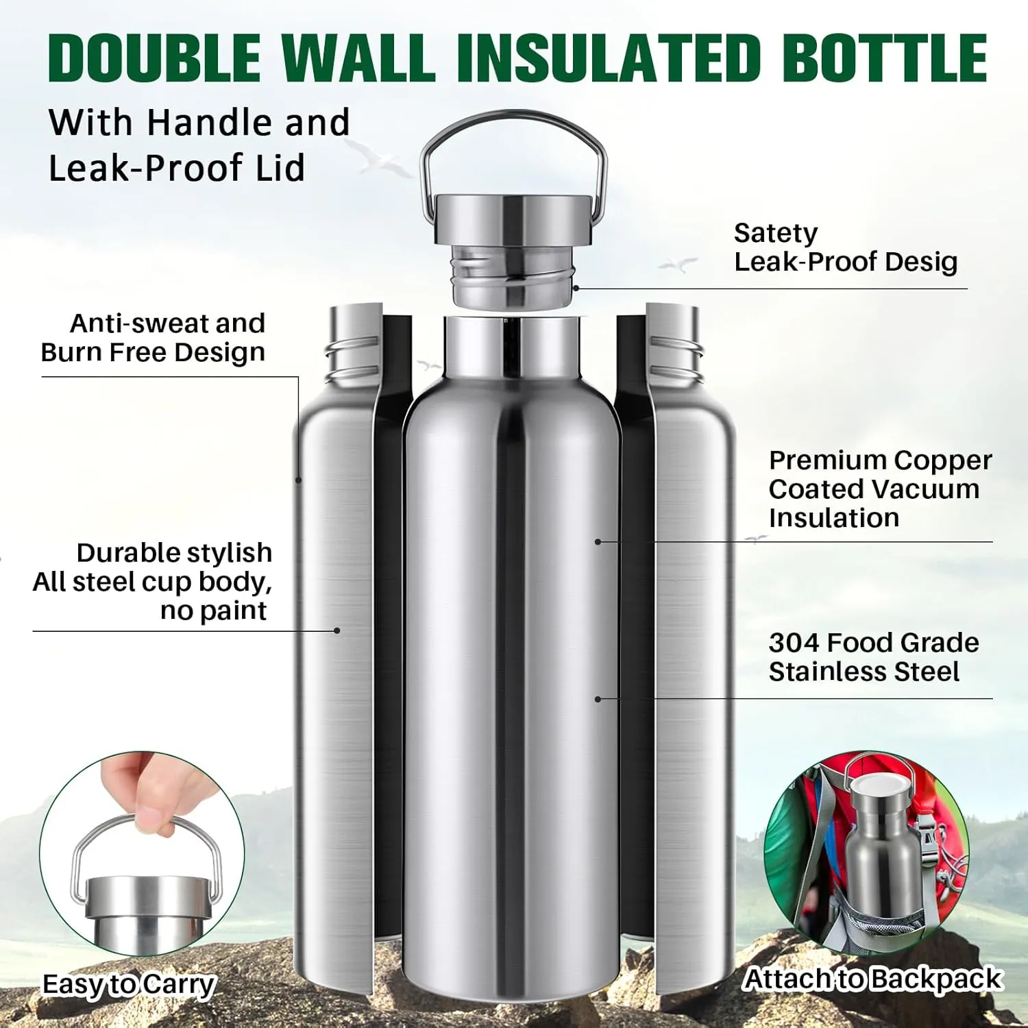 10 Pack 17oz Stainless Steel Sports Water Bottle Double Wall Insulated Bottle with Handle and Vacuum Seal Leakproof Lid for Cyclists Runners Hikers Beach Goers Picnics Camping Gift (Silver)