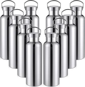 10 Pack 17oz Stainless Steel Sports Water Bottle Double Wall Insulated Bottle with Handle and Vacuum Seal Leakproof Lid for Cyclists Runners Hikers Beach Goers Picnics Camping Gift (Silver)
