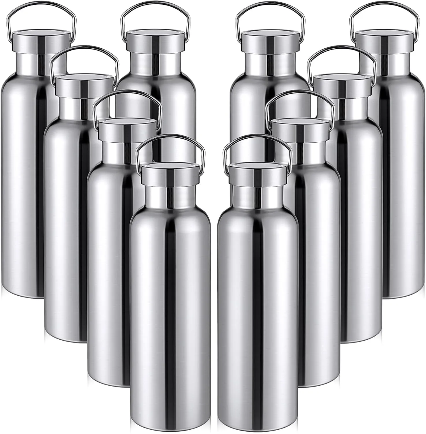 10 Pack 17oz Stainless Steel Sports Water Bottle Double Wall Insulated Bottle with Handle and Vacuum Seal Leakproof Lid for Cyclists Runners Hikers Beach Goers Picnics Camping Gift (Silver)