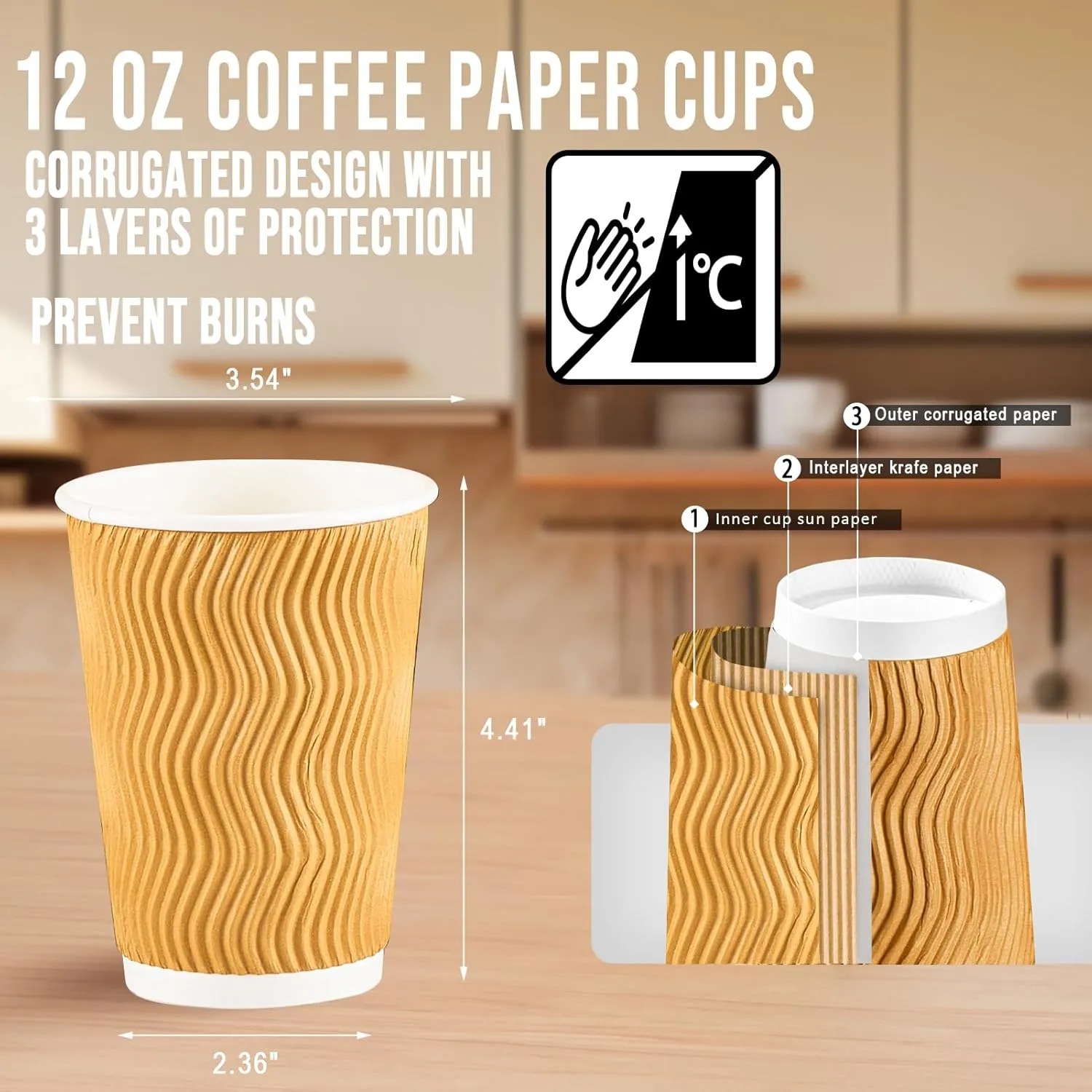 100 Pack 12 oz Disposable Paper Coffee Cups without Lids, Leak Proof Insulated Ripple Wall Hot Cups for Espresso, Coffee, Tea, Hot Chocolate, To Go Drinks (Home, Office, Cafe Bar)