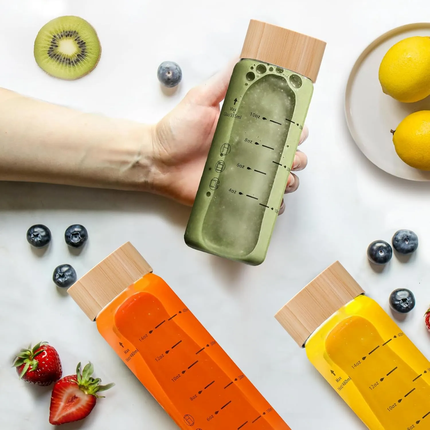 10oz Juice Bottles - 4 Pack Wide Mouth Glass Bottles with Lids- BPA Free, Bamboo Lids for Juicing, Smoothies, Infused Water, Beverage Storage - Leakproof, Borosilicate, Clear