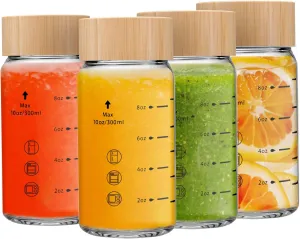 10oz Juice Bottles - 4 Pack Wide Mouth Glass Bottles with Lids- BPA Free, Bamboo Lids for Juicing, Smoothies, Infused Water, Beverage Storage - Leakproof, Borosilicate, Clear