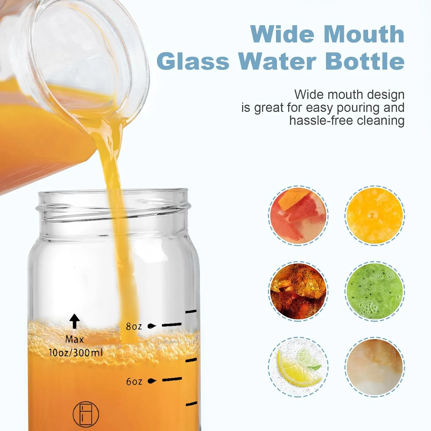 10oz Juice Bottles - 4 Pack Wide Mouth Glass Bottles with Lids- BPA Free, Bamboo Lids for Juicing, Smoothies, Infused Water, Beverage Storage - Leakproof, Borosilicate, Clear