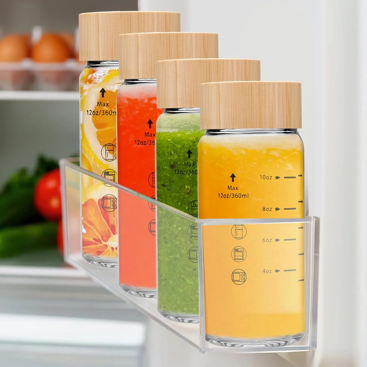 10oz Juice Bottles - 4 Pack Wide Mouth Glass Bottles with Lids- BPA Free, Bamboo Lids for Juicing, Smoothies, Infused Water, Beverage Storage - Leakproof, Borosilicate, Clear