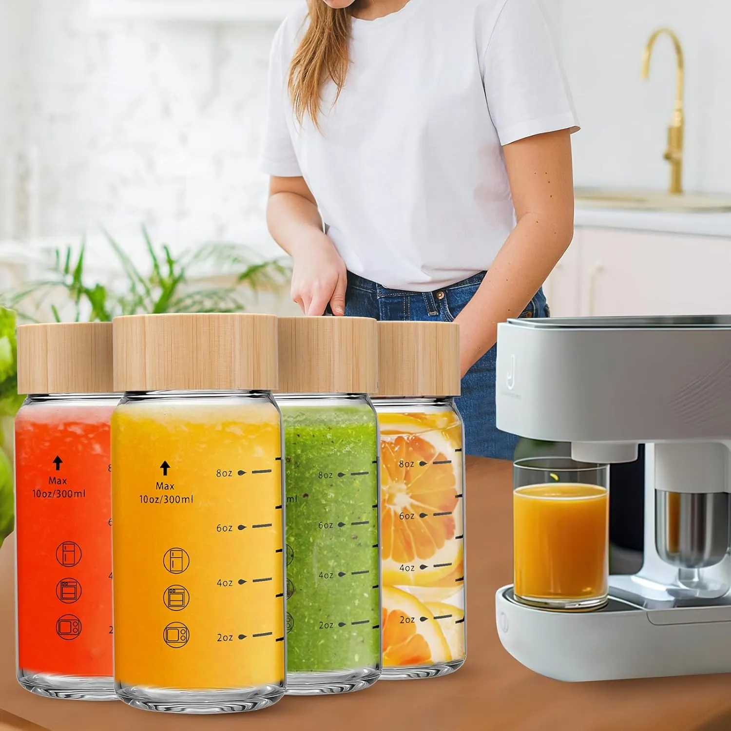 10oz Juice Bottles - 4 Pack Wide Mouth Glass Bottles with Lids- BPA Free, Bamboo Lids for Juicing, Smoothies, Infused Water, Beverage Storage - Leakproof, Borosilicate, Clear
