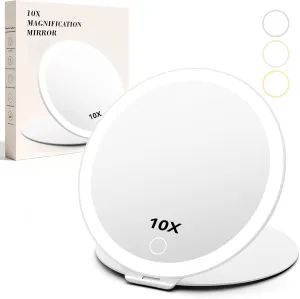10X Magnification Rechargeable Travel Makeup Mirror, Portable Vanity Mirror with 80 LED Lights, Folding Mirror with 3 Color Lighting and Dimmable Touch Screen,Travel Essentials,Gift for Women