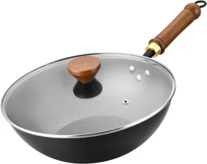 12 Inches Carbon Steel Non-Stick Wok, Light Stir Fry Pans with Lid,Pre-seasoned Pan Flat Bottom Multifunctional Cookware Chinese Wok for Electric,Induction,Gas, Halogen