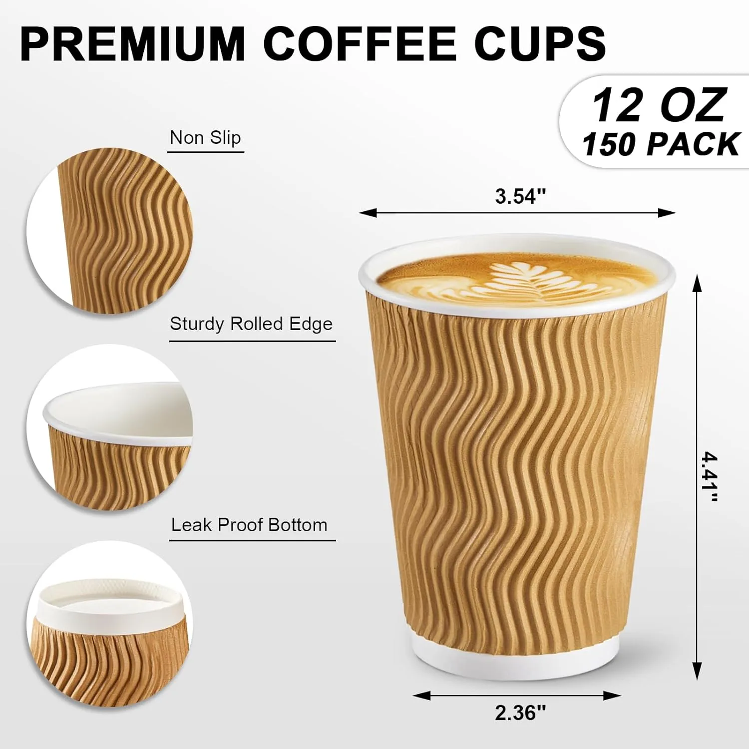 12 oz Coffee Cups - 150 Pack, Insulated Disposable Paper Cups 12 oz, Corrugated Ripple Wall Cups for Hot Beverage or Cold Drinks (Champagne)