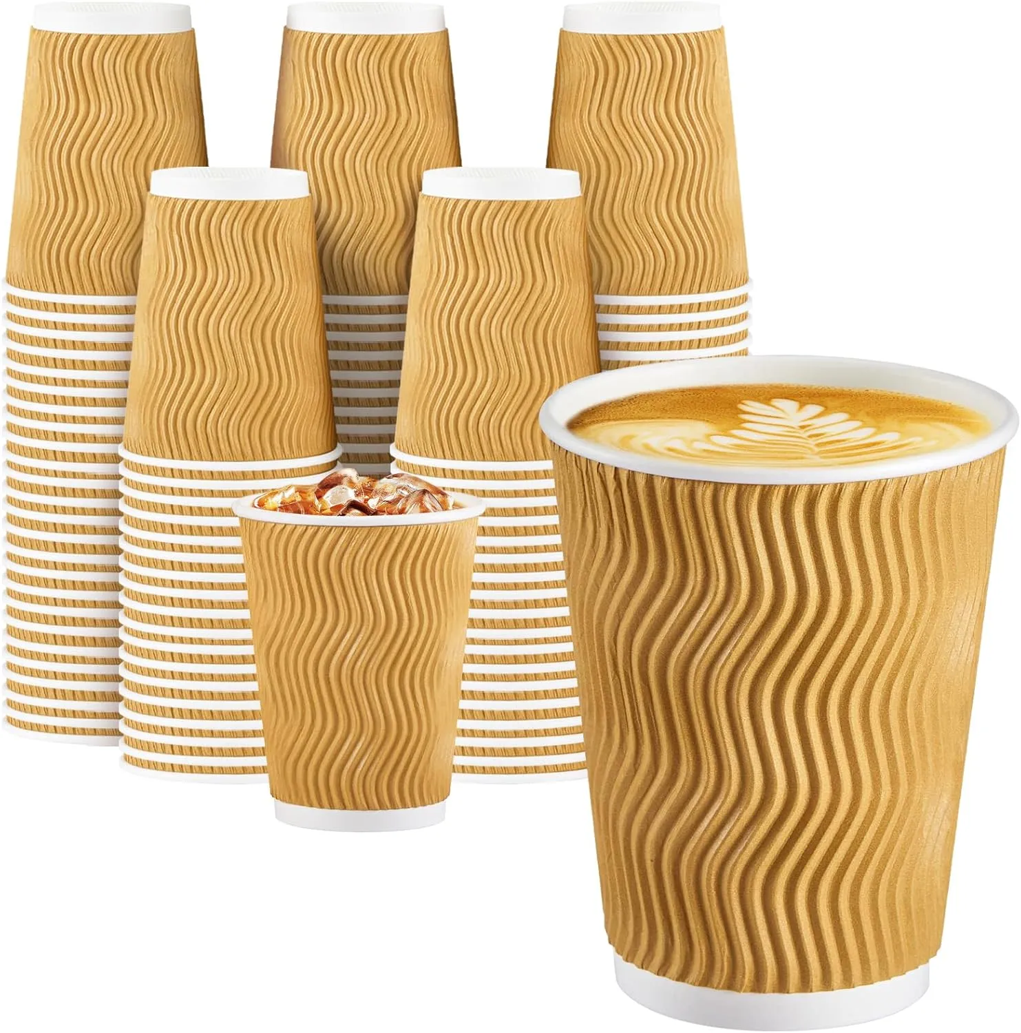 12 oz Coffee Cups - 150 Pack, Insulated Disposable Paper Cups 12 oz, Corrugated Ripple Wall Cups for Hot Beverage or Cold Drinks (Champagne)