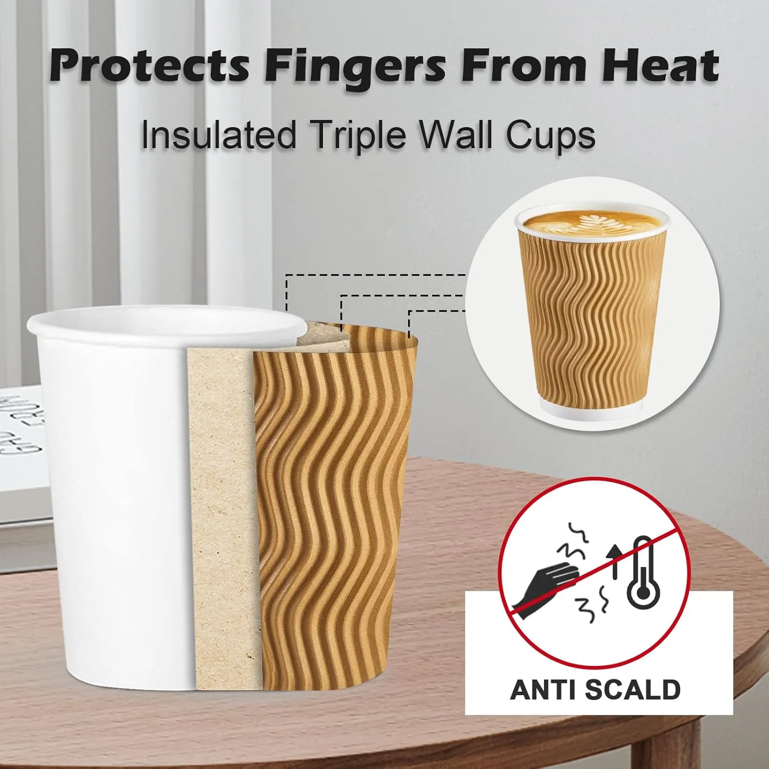 12 oz Coffee Cups - 150 Pack, Insulated Disposable Paper Cups 12 oz, Corrugated Ripple Wall Cups for Hot Beverage or Cold Drinks (Champagne)