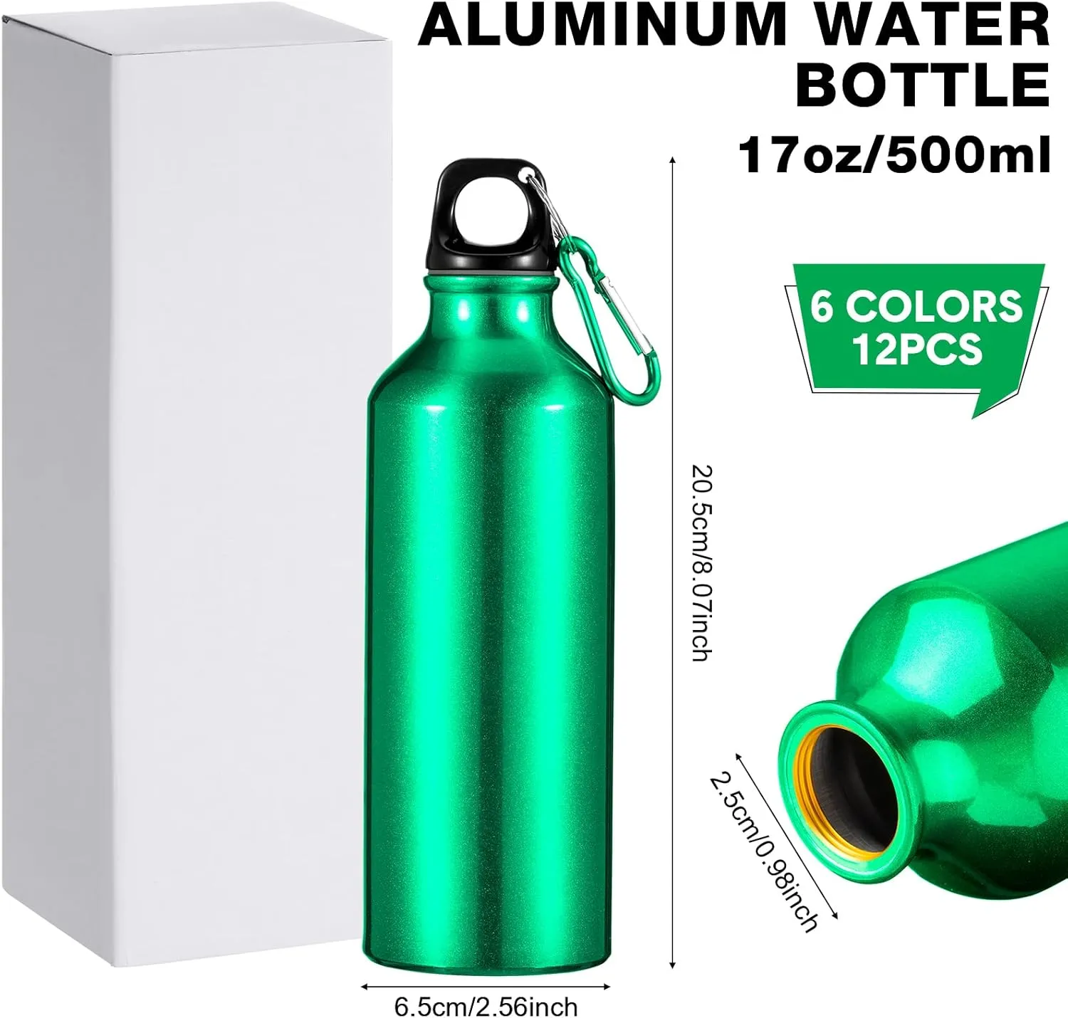 12 Pack 17oz Reusable Aluminum Water Bottles Bulk Outdoor Sport Bike Water Bottle with Leakproof Twist Lids Metal Buckle for Camping Gym Hiking Fishing(Multi Color)
