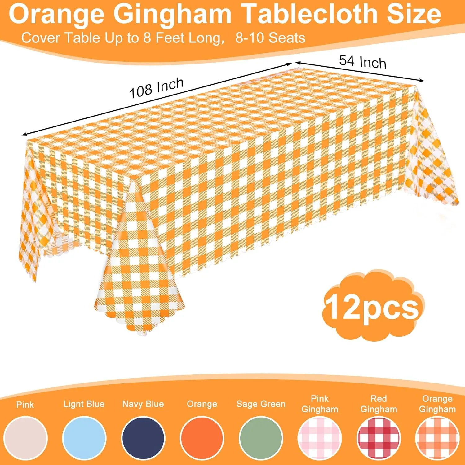 12 Pack Orange Gingham Tablecloth, 54 X 108Inch Plastic Orange Checkered Table Cloth Disposable Spring Tablecloths Waterproof Plaid Table Cover for BBQ Picnic Wedding Birthday Garden Parties