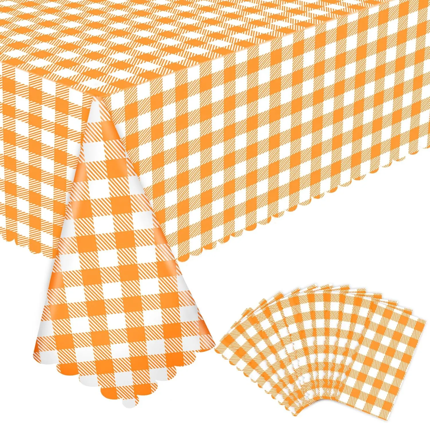 12 Pack Orange Gingham Tablecloth, 54 X 108Inch Plastic Orange Checkered Table Cloth Disposable Spring Tablecloths Waterproof Plaid Table Cover for BBQ Picnic Wedding Birthday Garden Parties