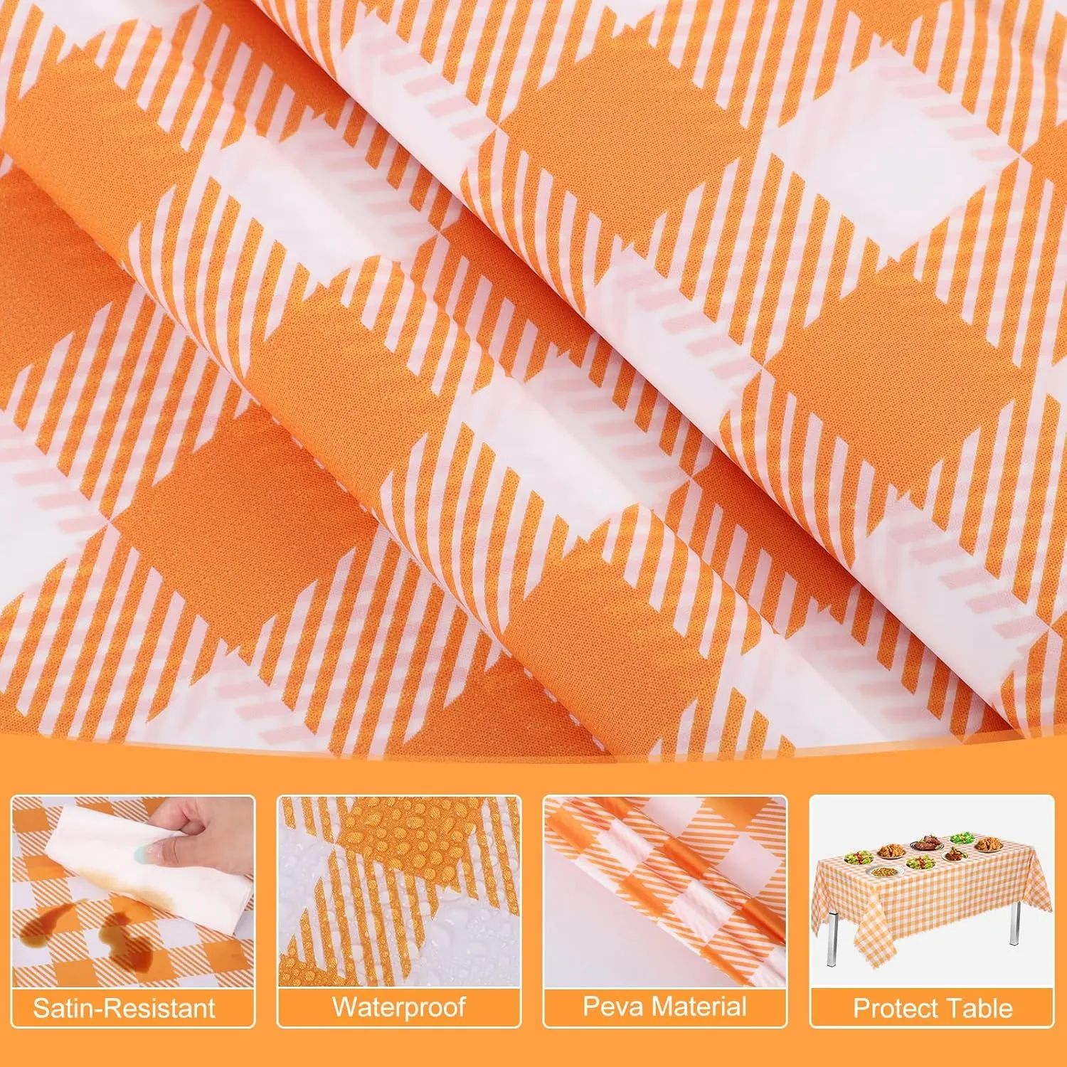 12 Pack Orange Gingham Tablecloth, 54 X 108Inch Plastic Orange Checkered Table Cloth Disposable Spring Tablecloths Waterproof Plaid Table Cover for BBQ Picnic Wedding Birthday Garden Parties