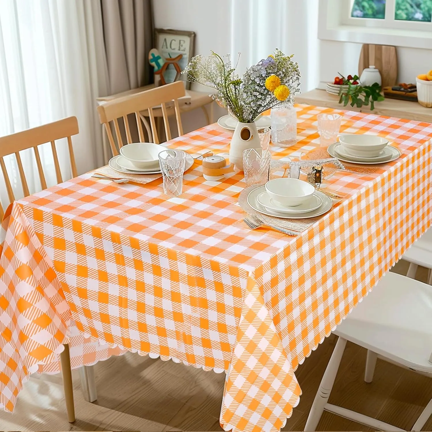 12 Pack Orange Gingham Tablecloth, 54 X 108Inch Plastic Orange Checkered Table Cloth Disposable Spring Tablecloths Waterproof Plaid Table Cover for BBQ Picnic Wedding Birthday Garden Parties