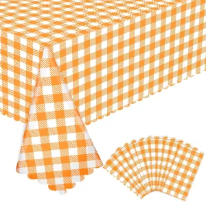 12 Pack Orange Gingham Tablecloth, 54 X 108Inch Plastic Orange Checkered Table Cloth Disposable Spring Tablecloths Waterproof Plaid Table Cover for BBQ Picnic Wedding Birthday Garden Parties