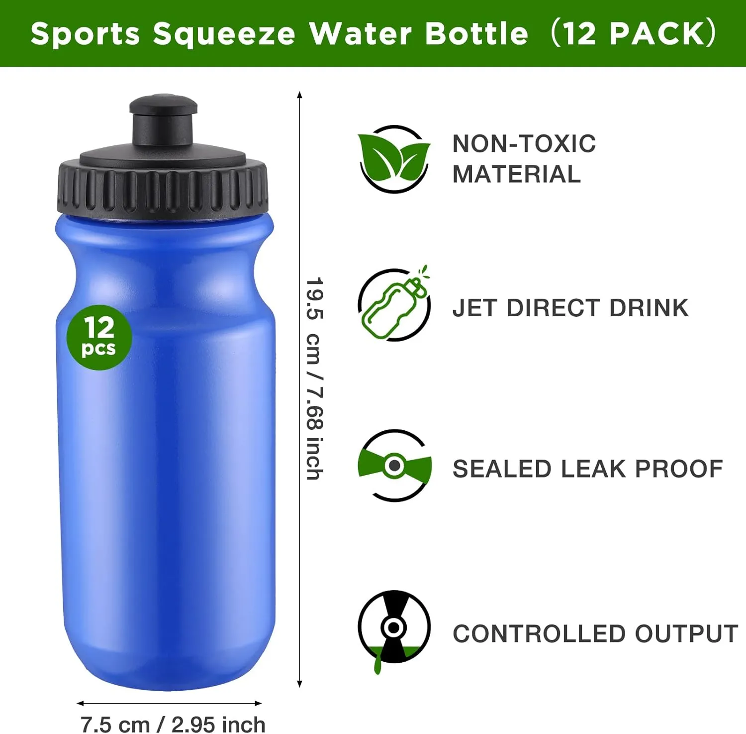 12 Pack Sports Squeeze Water Bottles 20 oz with Easy Open Push/Pull Cap Leak Proof BPA Free Plastic Water Bottles for Bike Cycling Fitness Yoga Camping Workout Outdoor