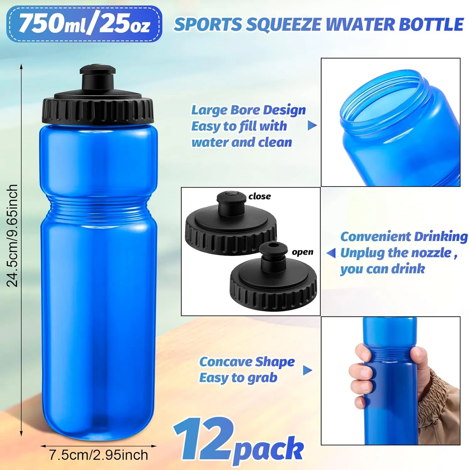 12 Pack Sports Squeeze Water Bottles 25 Oz with Easy Open Push/pull Cap Reusable Plastic Water Bottles for Bicycles Cycling Fitness Yoga Outdoor Sports