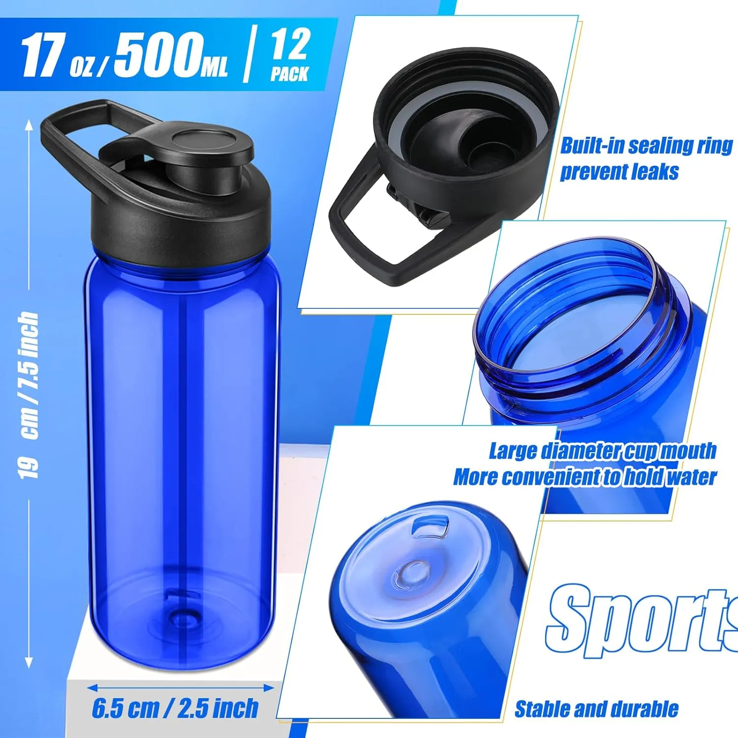 12 Pcs Plastic Sports Bottles 17 oz Reusable Water Bottles Bulk Portable Sports Drink Cups Pack with Handle for Kids Adults School Teams Gym Hike Camping Cycling(Blue)