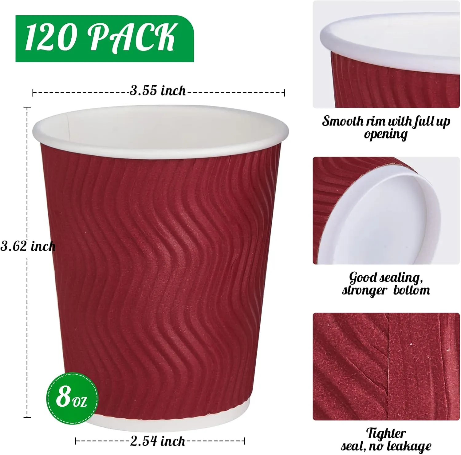 120 Pack Paper Coffee Cups, 8 oz Disposable Coffee Cups, Red Hot Beverage Cups with Insulated Ripple Wall, Paper Ripple Cups for Christmas, Party and Daily life