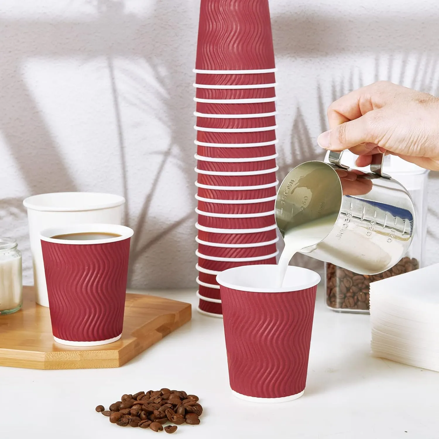 120 Pack Paper Coffee Cups, 8 oz Disposable Coffee Cups, Red Hot Beverage Cups with Insulated Ripple Wall, Paper Ripple Cups for Christmas, Party and Daily life