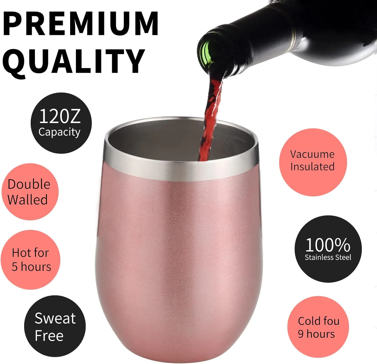 12oz/4 Pack Wine Tumbler Glasses with Lid Stemless Double Wall Vacuum Stainless Steel Travel Tumbler Keeping Cold & Hot for Wine,Coffee,Cocktails,Drinks-Family and Gifts(Rose gold)