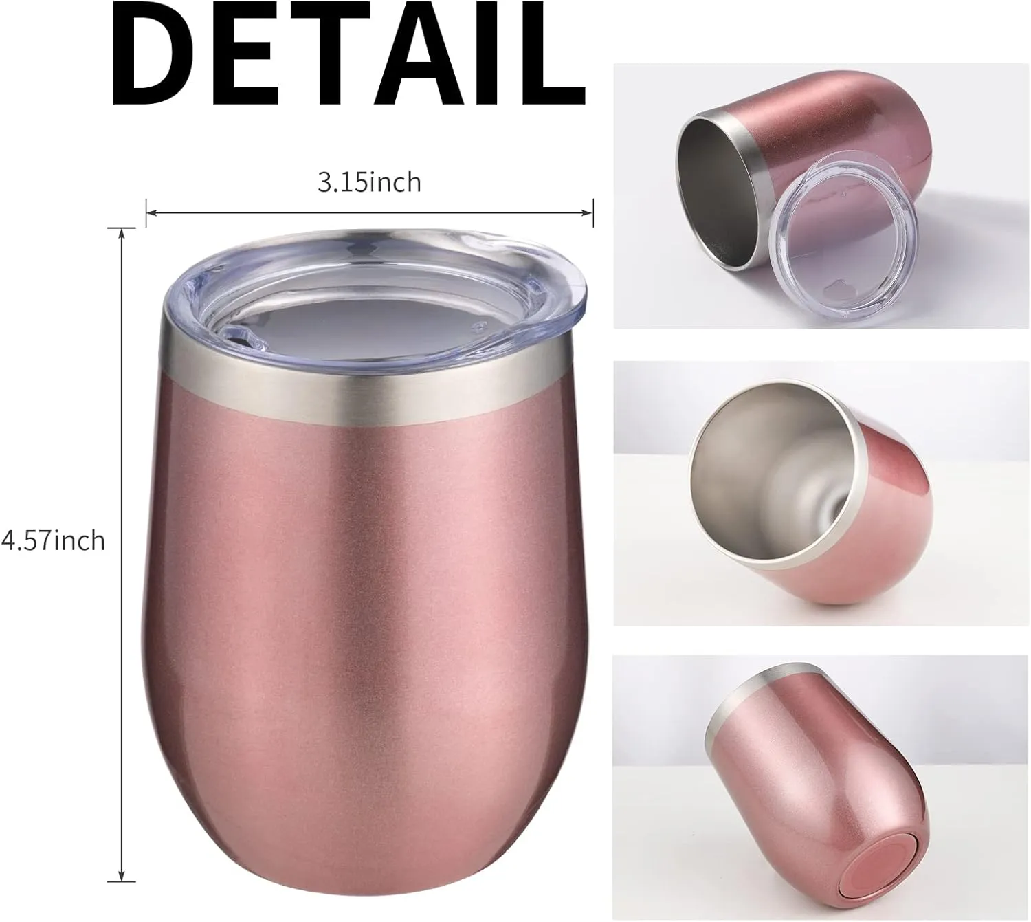 12oz/4 Pack Wine Tumbler Glasses with Lid Stemless Double Wall Vacuum Stainless Steel Travel Tumbler Keeping Cold & Hot for Wine,Coffee,Cocktails,Drinks-Family and Gifts(Rose gold)