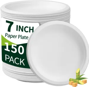 150 Pack White Paper Plates 7 Inch, Heavy Duty Dispoable Roound Dinner Plate Leak Proof, 100% Compostable Dessert Dishes Microwaveable for Party, Birthday, Christmas and Thanksgiving