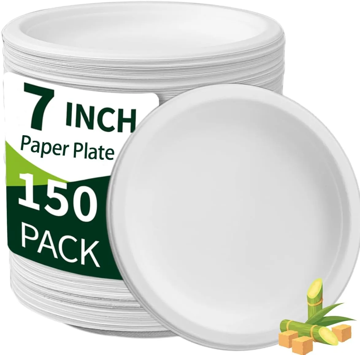 150 Pack White Paper Plates 7 Inch, Heavy Duty Dispoable Roound Dinner Plate Leak Proof, 100% Compostable Dessert Dishes Microwaveable for Party, Birthday, Christmas and Thanksgiving