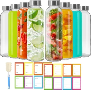 16 oz Clear Glass Water Bottles with Leakproof Lids 8 Pack,16 oz Glass Bottle for Juicing,Reusable Water Bottles with Stainless Steel Airtight Caps for Work, GYM, Home