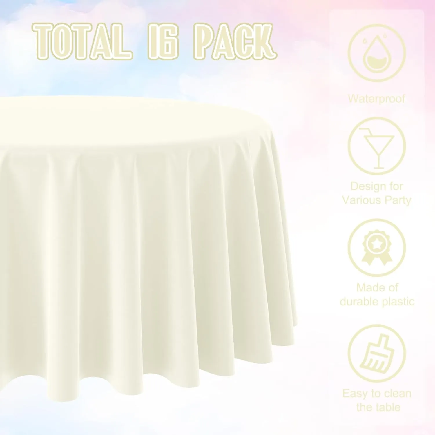 16 Pack Beige Plastic Tablecloths for Round Tables, Premium Decorative Ivory Disposable Table Covers for Parties, Round Cream Party Table Cover for Birthday Wedding Baby Shower Graduation, 84 Inch