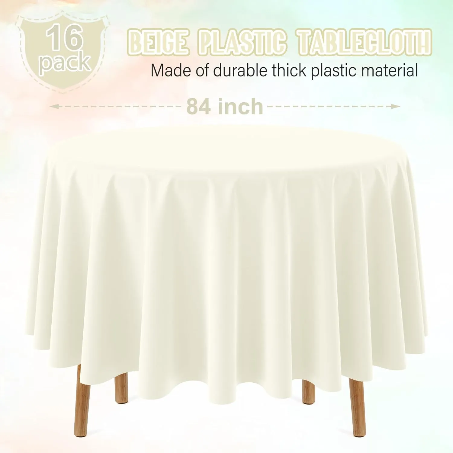 16 Pack Beige Plastic Tablecloths for Round Tables, Premium Decorative Ivory Disposable Table Covers for Parties, Round Cream Party Table Cover for Birthday Wedding Baby Shower Graduation, 84 Inch