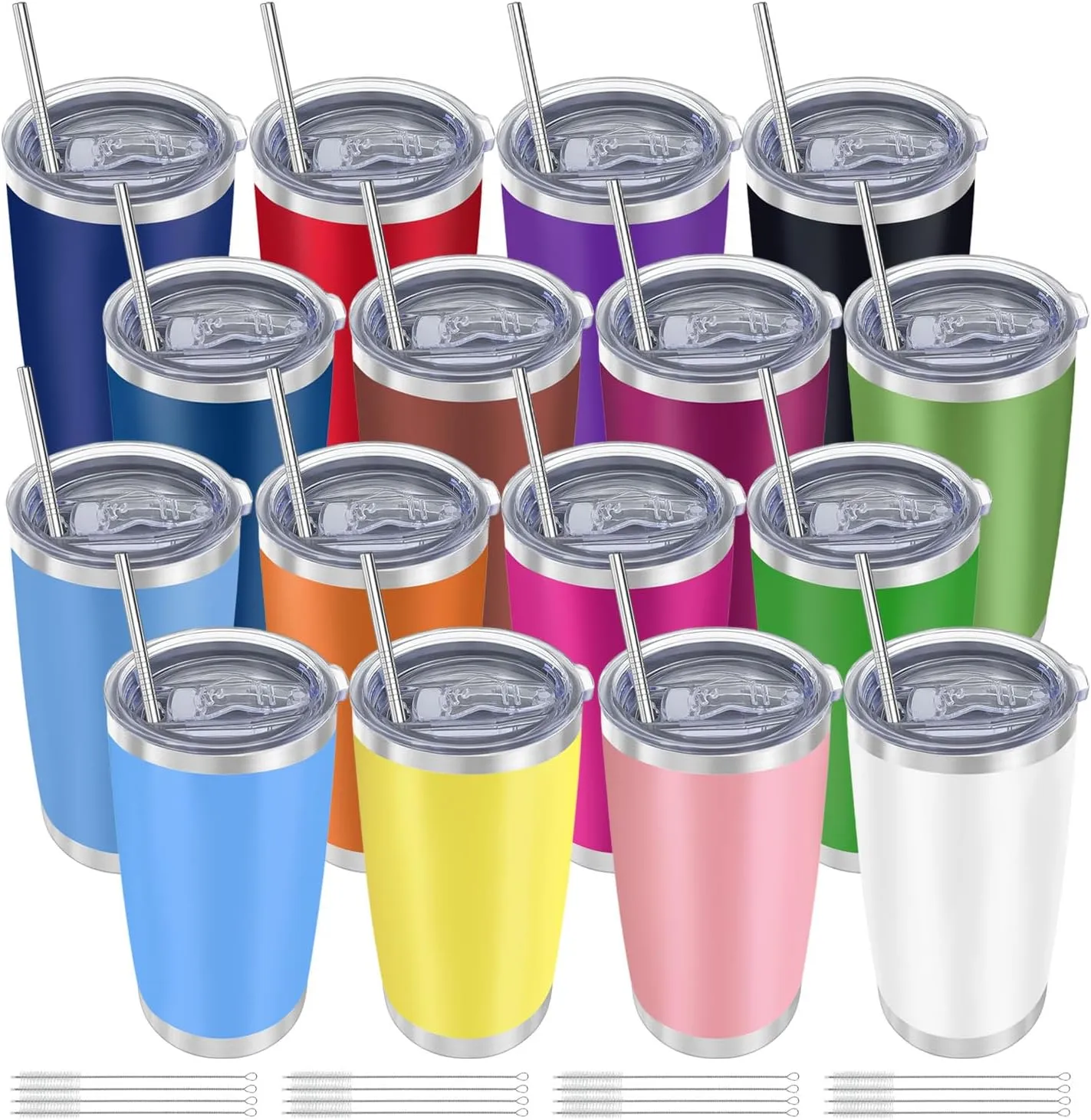16 Pack Insulated Coffee Tumbler - 20oz Stainless Steel Double Wall Vacuum Travel Tumbler Cup with Lid and Straw for Cold & Hot Drinks (Mixed Colors)