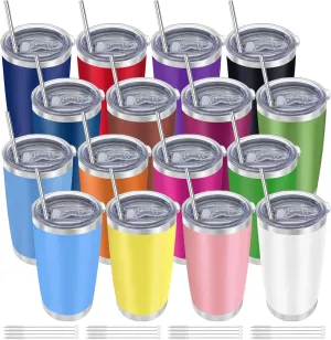 16 Pack Insulated Coffee Tumbler - 20oz Stainless Steel Double Wall Vacuum Travel Tumbler Cup with Lid and Straw for Cold & Hot Drinks (Mixed Colors)