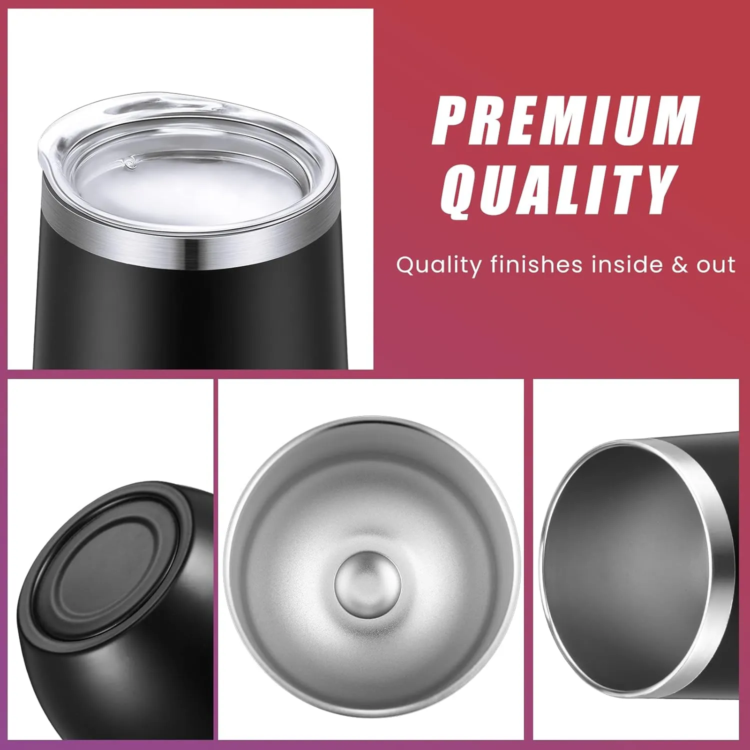 16 Pack Stainless Steel Wine Tumblers 12 oz Insulated Vacuum Wine Cup Set Double Wall Stainless Steel Stemless Mug Glasses for Coffee Soda Whiskey Outdoor Travel(Black)