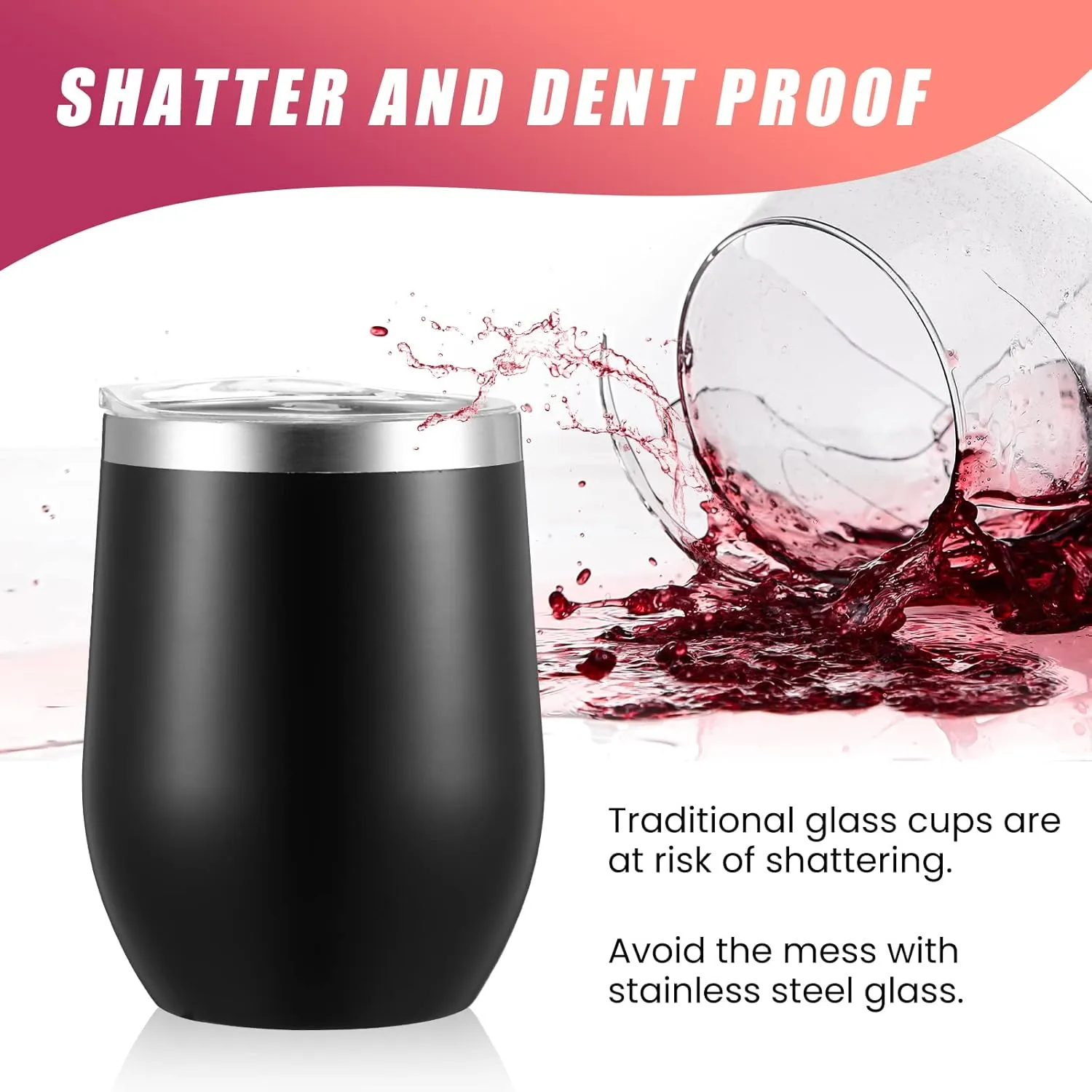 16 Pack Stainless Steel Wine Tumblers 12 oz Insulated Vacuum Wine Cup Set Double Wall Stainless Steel Stemless Mug Glasses for Coffee Soda Whiskey Outdoor Travel(Black)