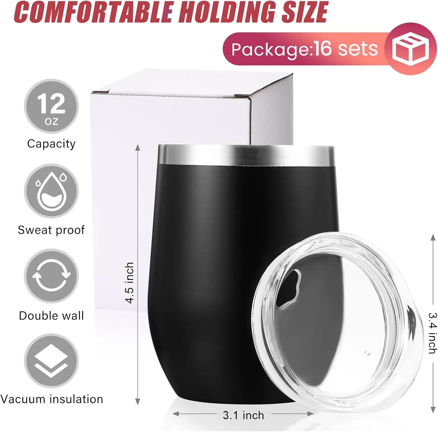 16 Pack Stainless Steel Wine Tumblers 12 oz Insulated Vacuum Wine Cup Set Double Wall Stainless Steel Stemless Mug Glasses for Coffee Soda Whiskey Outdoor Travel(Black)