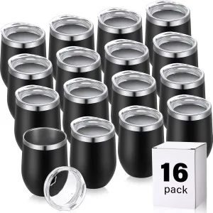 16 Pack Stainless Steel Wine Tumblers 12 oz Insulated Vacuum Wine Cup Set Double Wall Stainless Steel Stemless Mug Glasses for Coffee Soda Whiskey Outdoor Travel(Black)