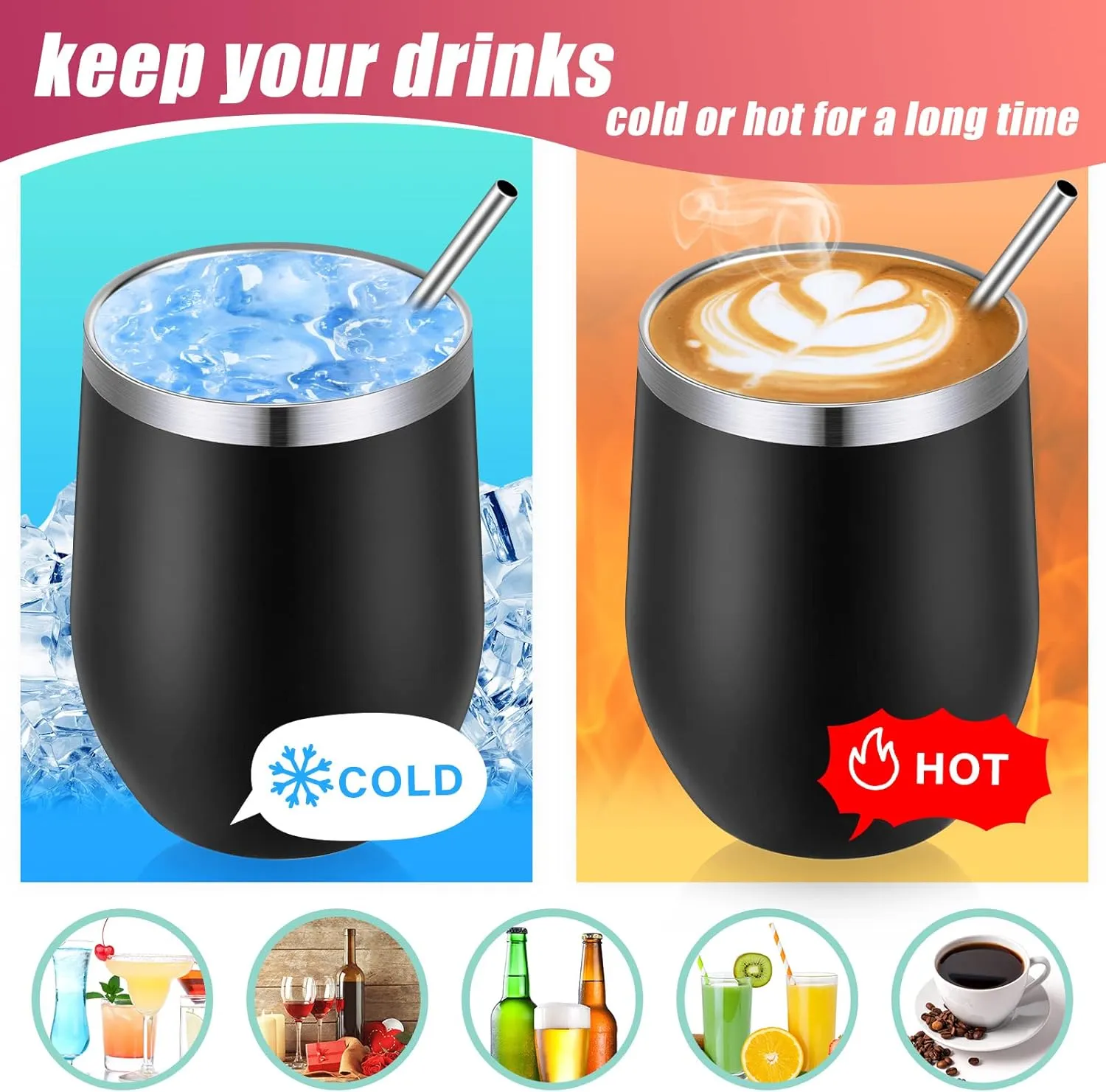 16 Pack Stainless Steel Wine Tumblers 12 oz Insulated Vacuum Wine Cup Set Double Wall Stainless Steel Stemless Mug Glasses for Coffee Soda Whiskey Outdoor Travel(Black)