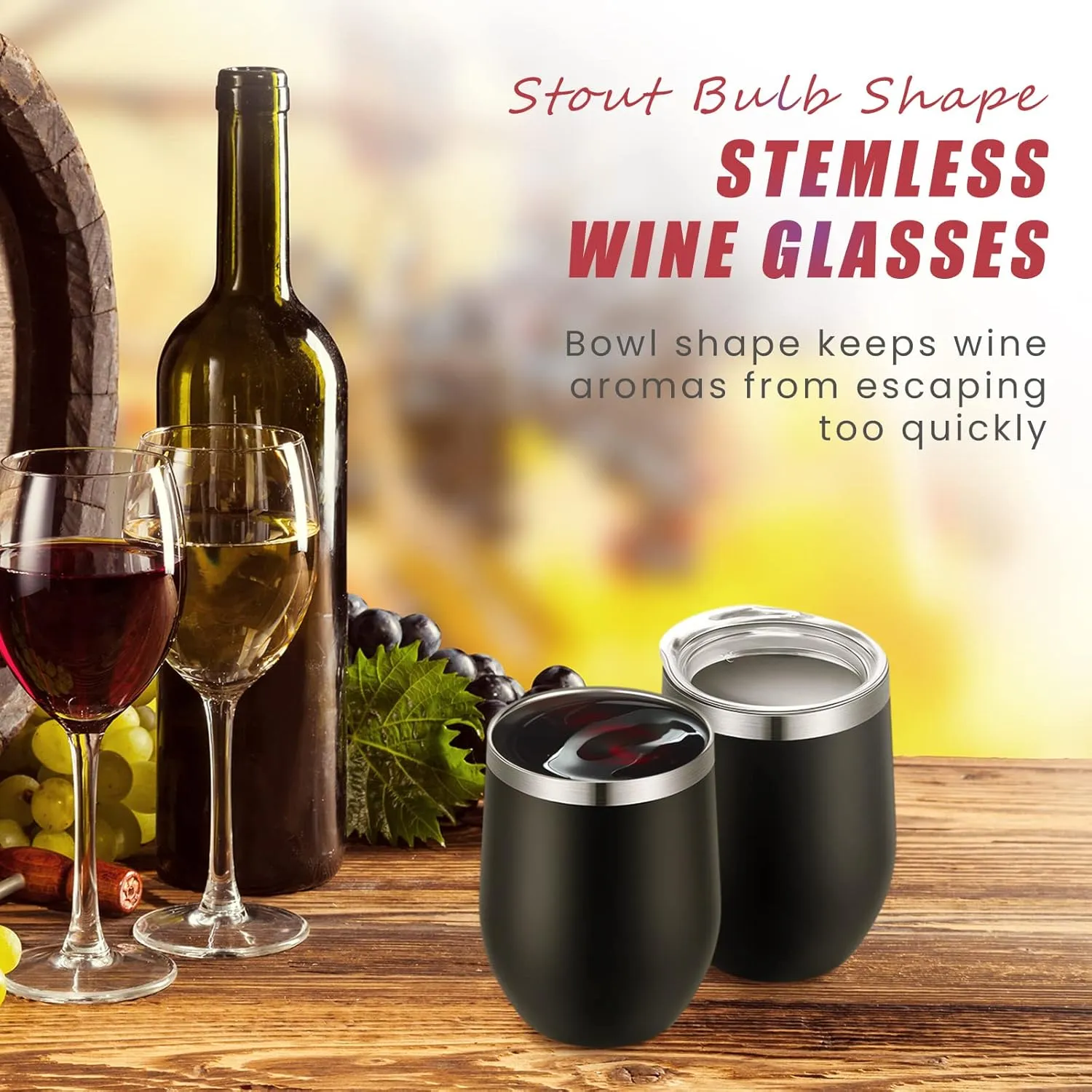 16 Pack Stainless Steel Wine Tumblers 12 oz Insulated Vacuum Wine Cup Set Double Wall Stainless Steel Stemless Mug Glasses for Coffee Soda Whiskey Outdoor Travel(Black)