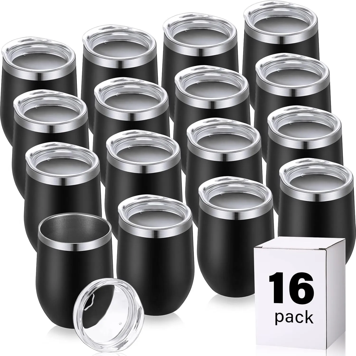 16 Pack Stainless Steel Wine Tumblers 12 oz Insulated Vacuum Wine Cup Set Double Wall Stainless Steel Stemless Mug Glasses for Coffee Soda Whiskey Outdoor Travel(Black)