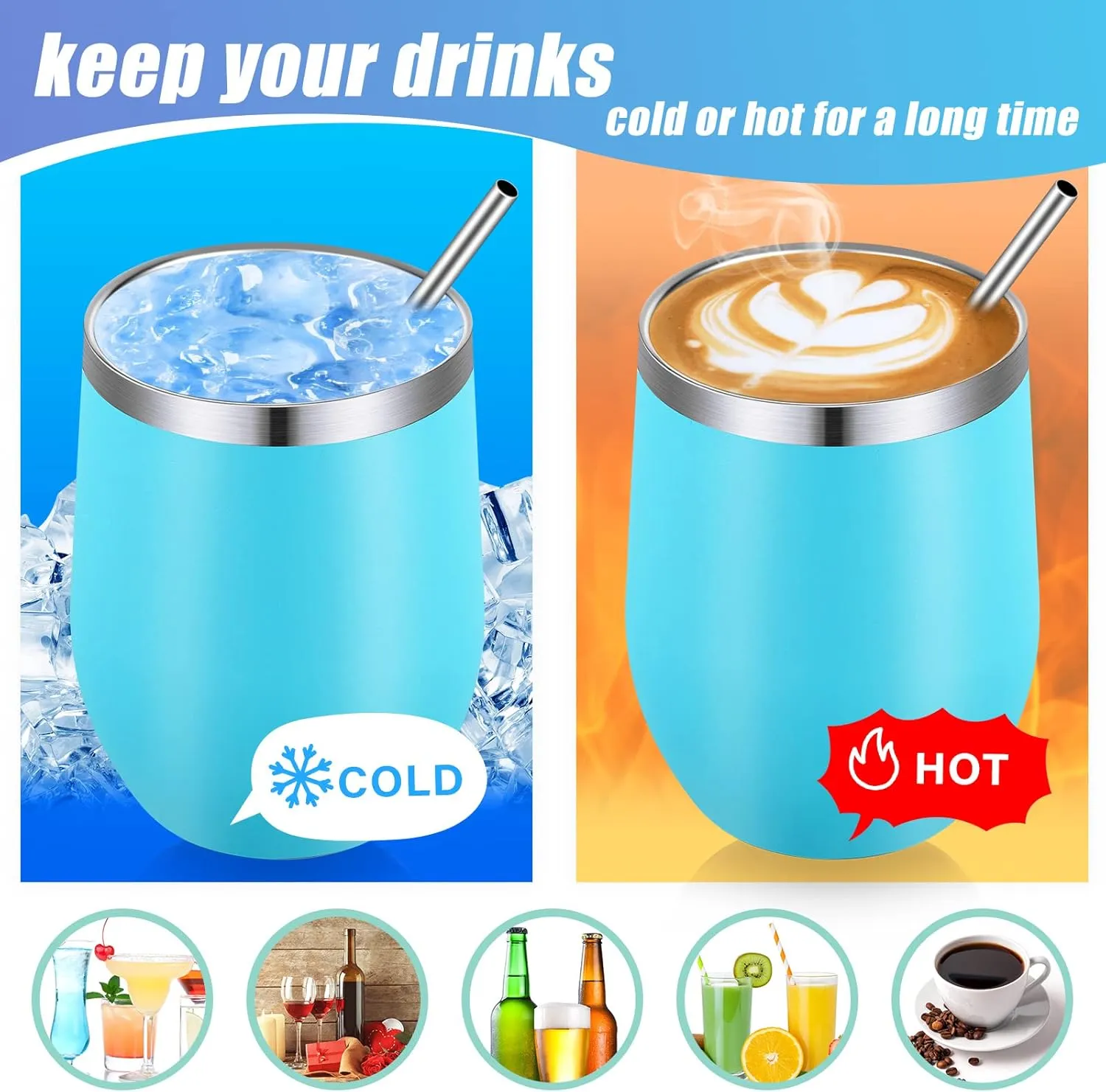 16 Pack Stainless Steel Wine Tumblers 12 oz Insulated Vacuum Wine Cup Set Double Wall Stainless Steel Stemless Mug Glasses for Coffee Soda Whiskey Outdoor Travel(Light Blue)