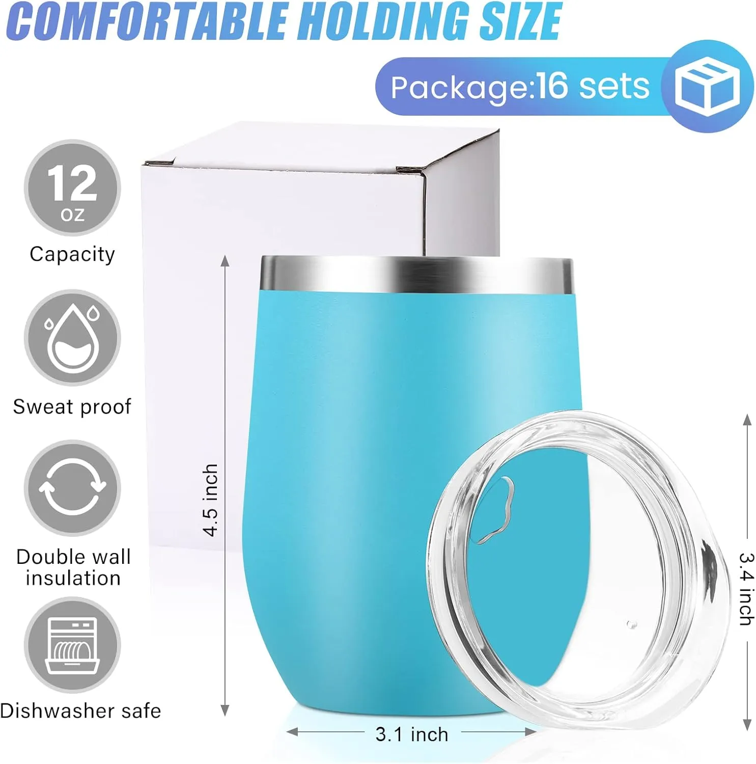 16 Pack Stainless Steel Wine Tumblers 12 oz Insulated Vacuum Wine Cup Set Double Wall Stainless Steel Stemless Mug Glasses for Coffee Soda Whiskey Outdoor Travel(Light Blue)