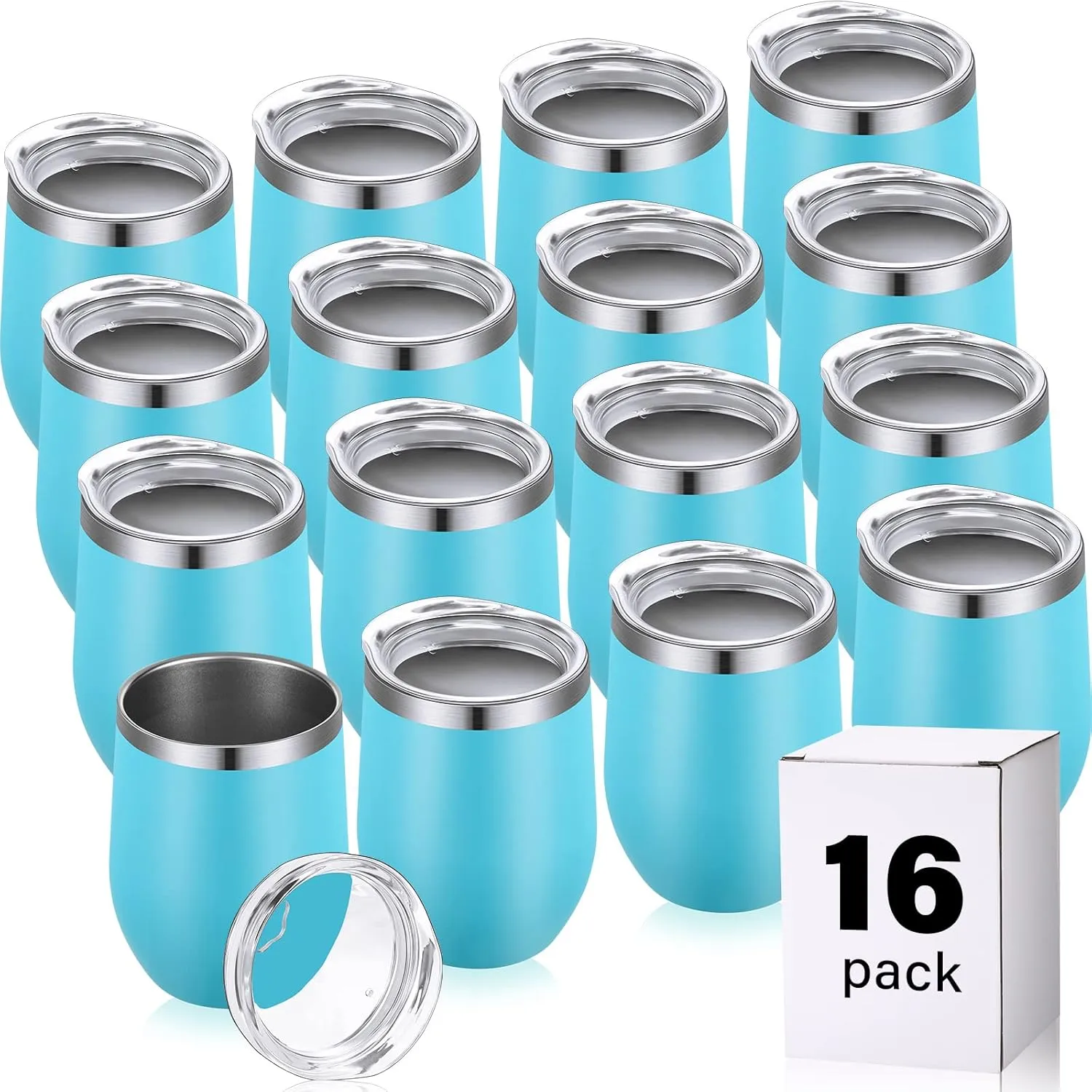 16 Pack Stainless Steel Wine Tumblers 12 oz Insulated Vacuum Wine Cup Set Double Wall Stainless Steel Stemless Mug Glasses for Coffee Soda Whiskey Outdoor Travel(Light Blue)