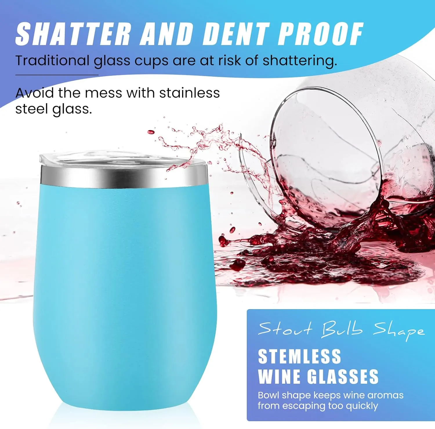 16 Pack Stainless Steel Wine Tumblers 12 oz Insulated Vacuum Wine Cup Set Double Wall Stainless Steel Stemless Mug Glasses for Coffee Soda Whiskey Outdoor Travel(Light Blue)