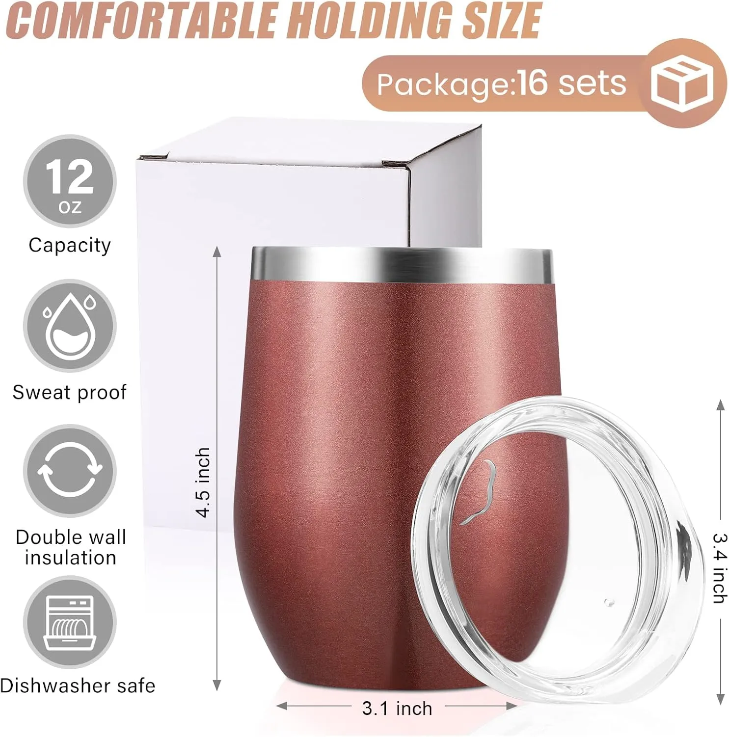 16 Pack Stainless Steel Wine Tumblers 12 oz Insulated Vacuum Wine Cup Set Double Wall Stainless Steel Stemless Mug Glasses for Coffee Soda Whiskey Outdoor Travel(Rose Gold)