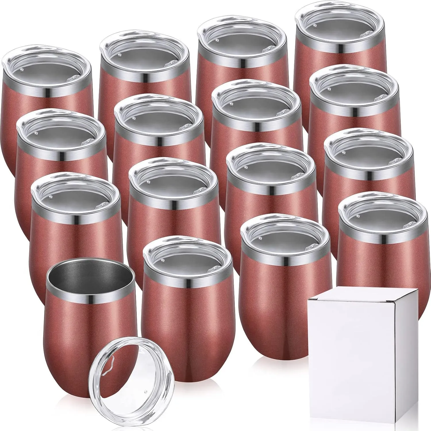 16 Pack Stainless Steel Wine Tumblers 12 oz Insulated Vacuum Wine Cup Set Double Wall Stainless Steel Stemless Mug Glasses for Coffee Soda Whiskey Outdoor Travel(Rose Gold)