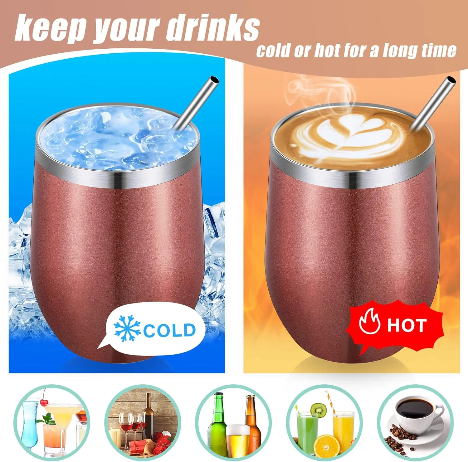 16 Pack Stainless Steel Wine Tumblers 12 oz Insulated Vacuum Wine Cup Set Double Wall Stainless Steel Stemless Mug Glasses for Coffee Soda Whiskey Outdoor Travel(Rose Gold)
